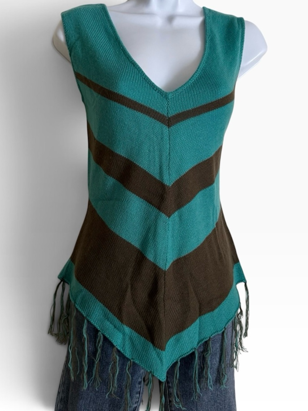 NWT Vintage Y2K Bamboo Traders Chevron Fringe Tank Top Medium Teal Brown